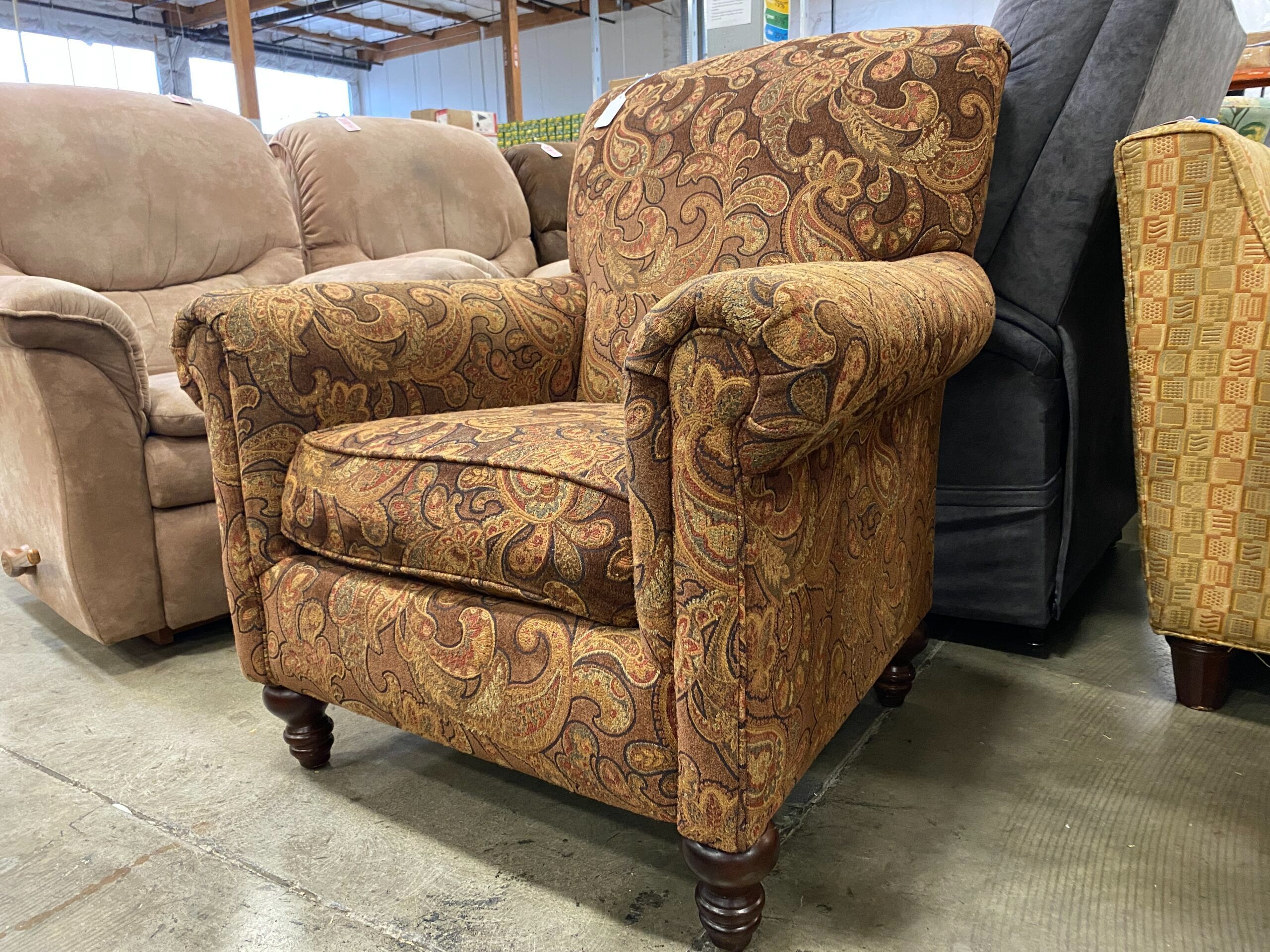 Brown Paisley Upholstered Armchair with Ball Feet