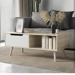 Modern Wooden Coffee Table with Storage, Minimalist Hallway Mid Century Cocktail Table for Living Room Apartment Reception, Oak