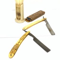 Antique Straight Razor Dragon Carved Bone Handle + Brush