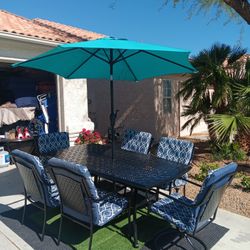 Patio Set Table And 6 Chairs With Cushions And New Umbrela 