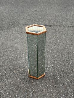 Mirrored Hexagonal Pedestal Stand with Wood Trim