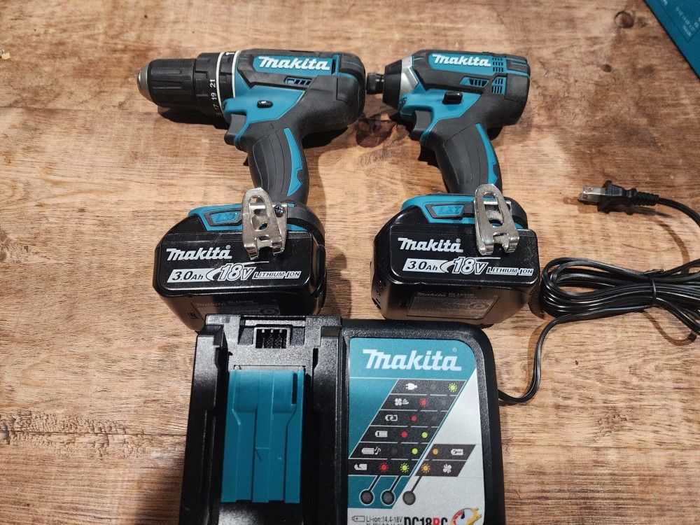 Makita Hammer Drill Kit And Inpact Driver 2 Baterie Charger $185