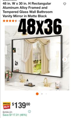 48x30 Matte Black Aluminum Framed Bathroom Vanity Mirror
