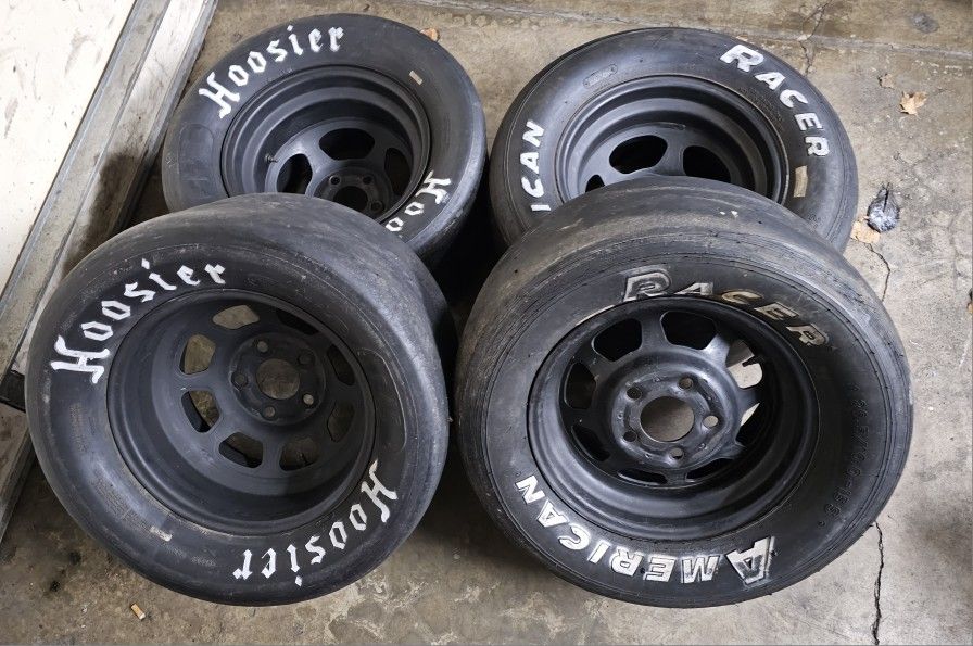 15" DRAG TRACK RADIALS SLICKS - 5x114.3 - 11" & 10" WIDE - 10.0/27.0/15 TWO PAIRS!