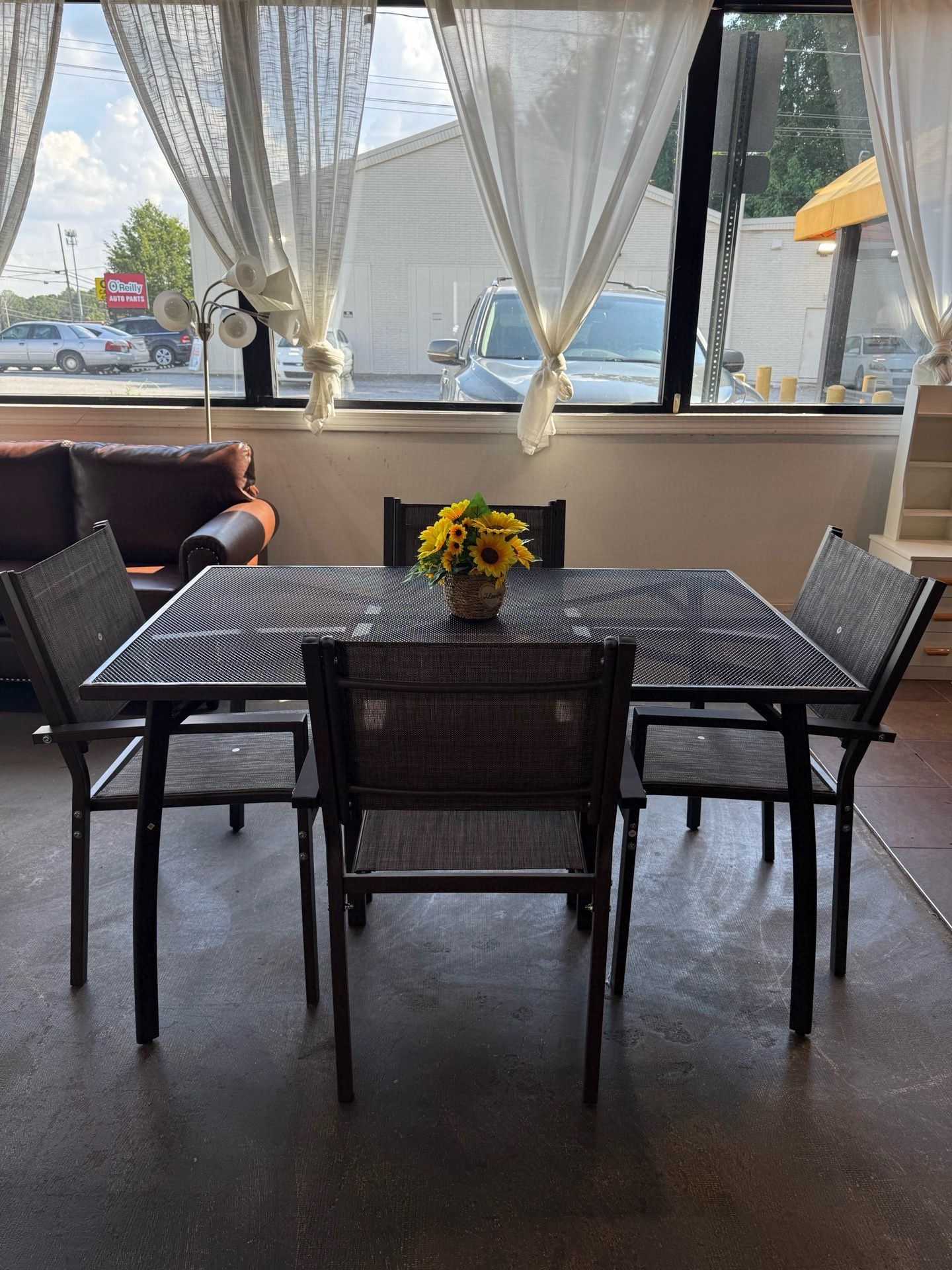 🔥Set of 5🔥Outdoor Set, Dark Gray Metal Steel Rectangular Outdoor Table with Umbrella Hole, Heavy Duty Stackable Simple Outdoor Chairs with Armrests