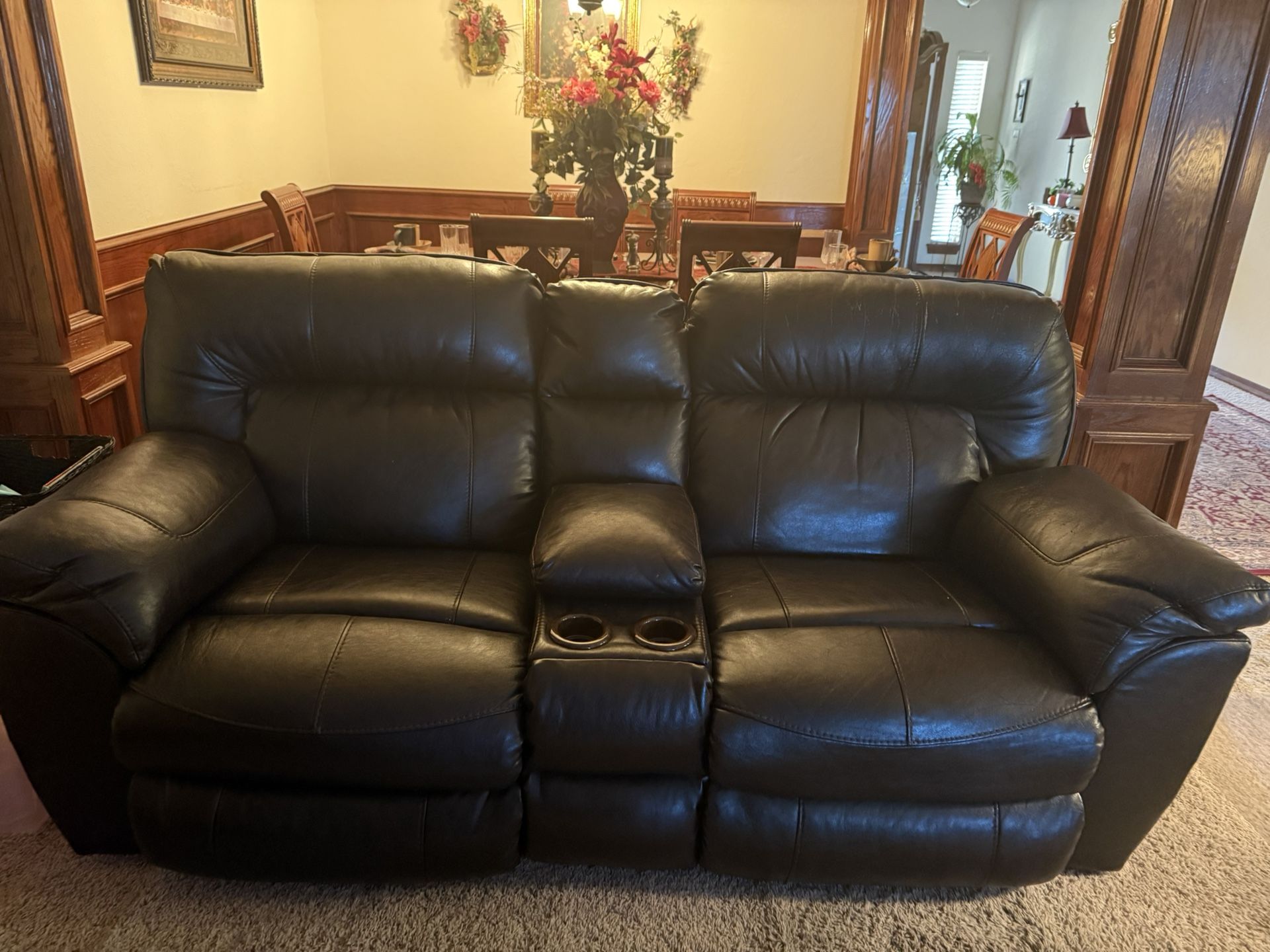 Brown Leather Sofa And Loveseat With Coffee Table And End Tables