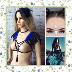 3PC BLUE FEATHER HARNESS CHOKER CLIPIN RAVE BOHO FESTIVAL GOGO COSTUME DANCE COVER UP