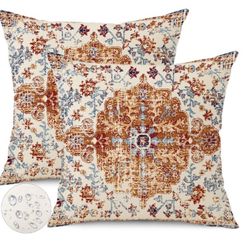 Waterproof 16”X16” Linen Boho Carpet pattern Brown/blue Pillow Covers. Set Of 2. Inserts Not Included.