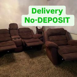 Brown Power Recliner W/ Cupholder And Chair, 2-Piece Couch Sofa Set