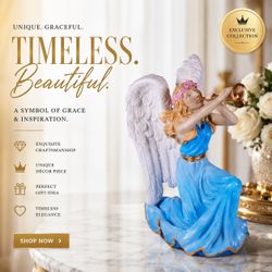 Artisan Hand-Painted Angel Statue, Blue Gown, Swarovski Crystal Wreath, Shimmering Wings