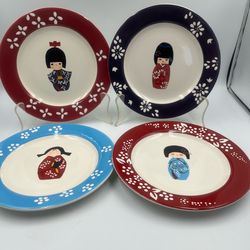 Japanese Kokeshi Doll Dessert Plates set of 4 NIB