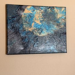 Modern Abstract Canvas Art | Hand-Painted 11x14 | Blue, Charcoal & Gold