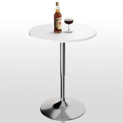 V146 $30  White Round Wood Bar Height Outdoor Bistro Table with Adjustable Chrome Stand and Rotation (Dia. 23.5 in. )  Elevate every gathering with ou