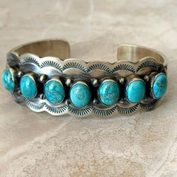 Bobby Johnson Navajo Sterling Silver Genuine Turquoise 7 Stone Cuff Bracelet