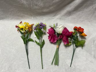 artificial faux flowers daisies roses foliage orange white purple pink butterfly