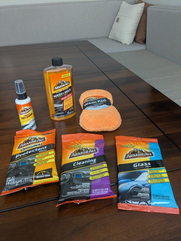 Amor All Cleaning, Protectant,Glass Wipes. Tire Shine, Wash And Wax And Wash Pad.