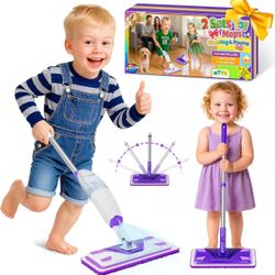 2 Set Toy Mop for Kids - Toddler Real Spray Mop and Flat Floor Mop Montessori Cleaning Toy Set, Educational and Fun Gifts for Boys and Girls Ages 4+