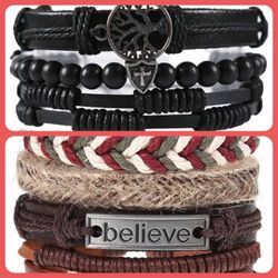 2 x Set Adjust. Size up to 9.5inc Leather Bracelet, Tree of Life (Black-Believe_2)