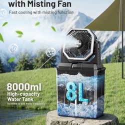 Rechargeable Misting Fan, 24000mAh Camping Misting Fan with 8L Water Bucket, 3-Speed Outdoor Cooling Fan with LED Lights, 120°Oscillation for Camping,
