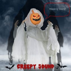 Outdoor Halloween Hanging Pumpkin Ghost w/ Light Up Eyes, Sound Activated Prop w/ Creepy Howling Sounds 