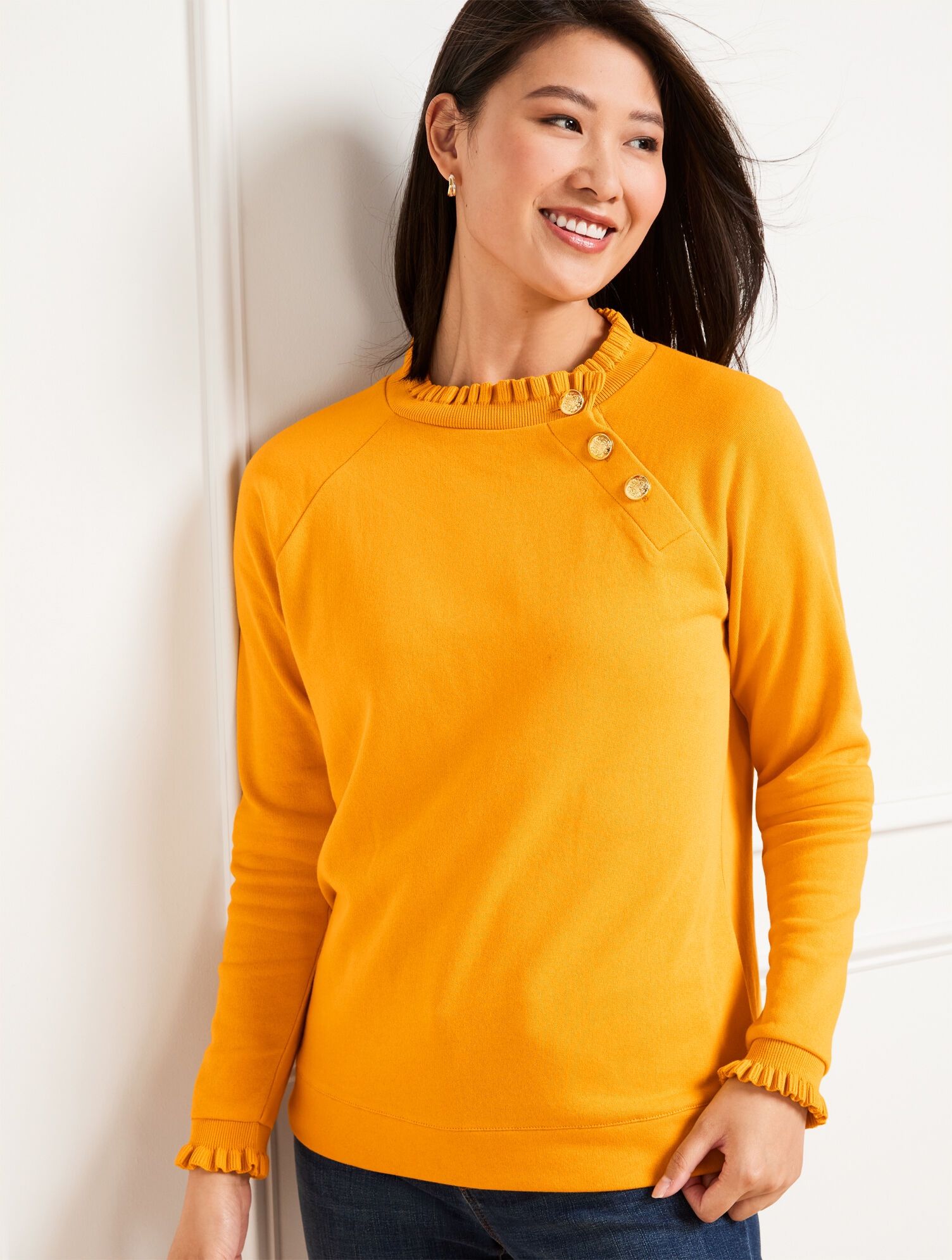 Talbots RUFFLE TRIM RAGLAN SWEATSHIRT casual comfy office outfit winter