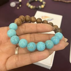Turquoise And Wood Beaded Bracelet 