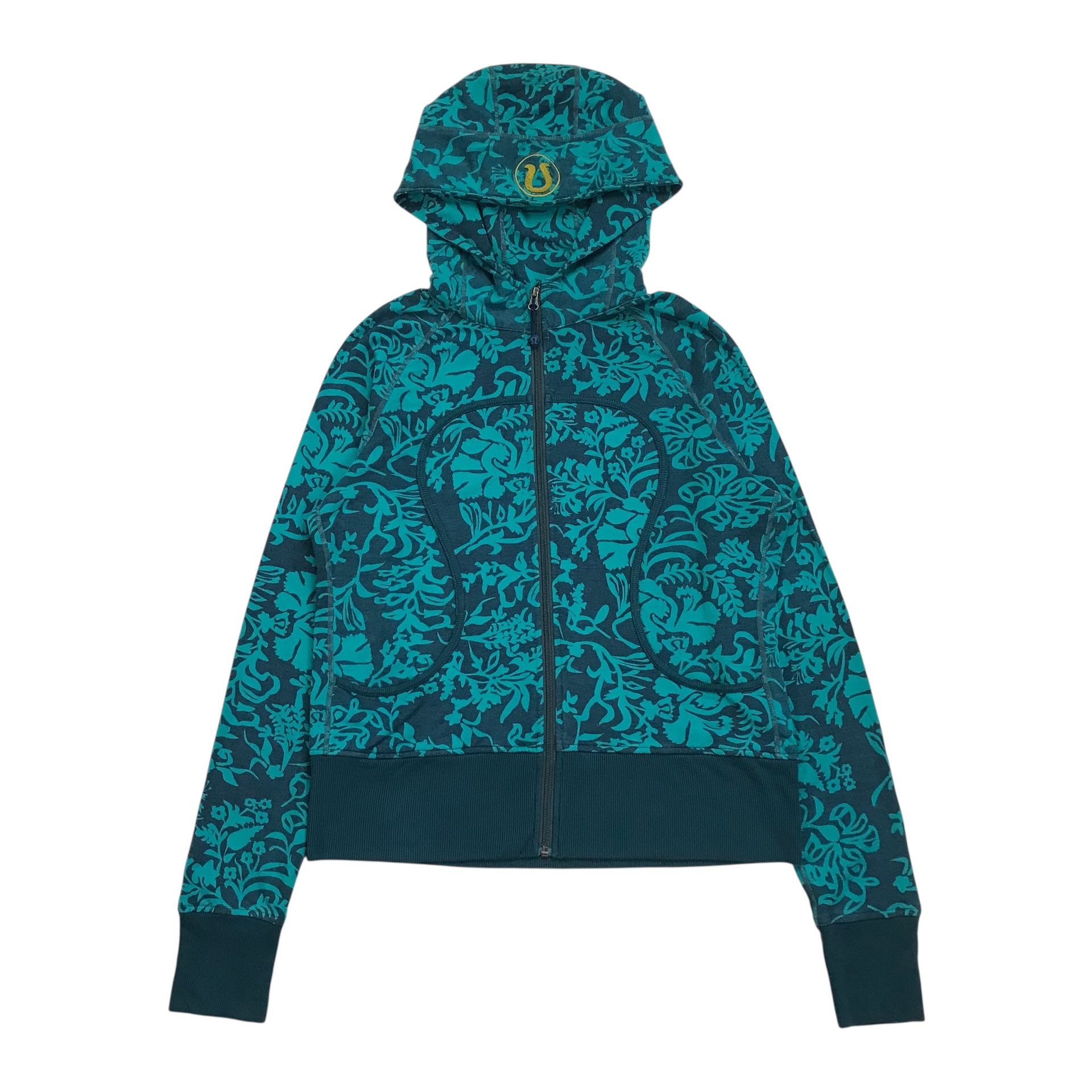 Lululemon Scuba Hoodie Size 12 Womens Green Floral Sweatshirt Jacket Athletica