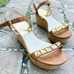 Michael Kors Persia Cork Platform Brown Leather Gold Studded Sandal Ankle Wrap 8