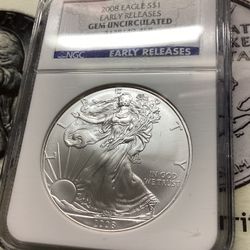 2008 1 oz Gem Uncirculated Silver Eagle Graded Slabbed Collectible Coin Art