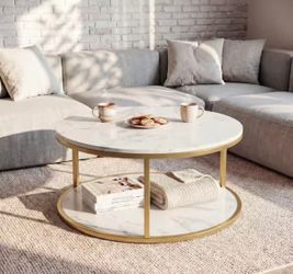 36 in. Black/White/Brown Round Wood Coffee Table with 2-Tier