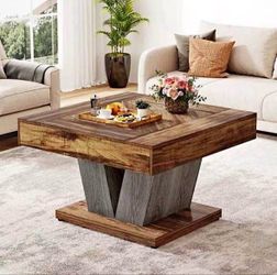 Rustic Square Coffee Table – Farmhouse Wood Look Pedestal Base