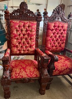 Pair of Carved Mahogany Throne Armchairs