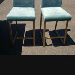 2 Bar Stools 24" Teal Color Velvet Fabric  Great Condition Metal Base