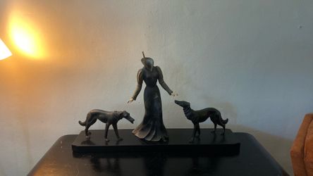 French Art Deco lady with two greyhounds sculpture.