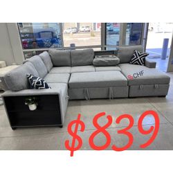 Boucle Fabric 4-Piece Convertible Sectional
Sleeper Sofa W/Fold-Down Table, Chaise Storage, Wireless Charging & Built-in Shelf

