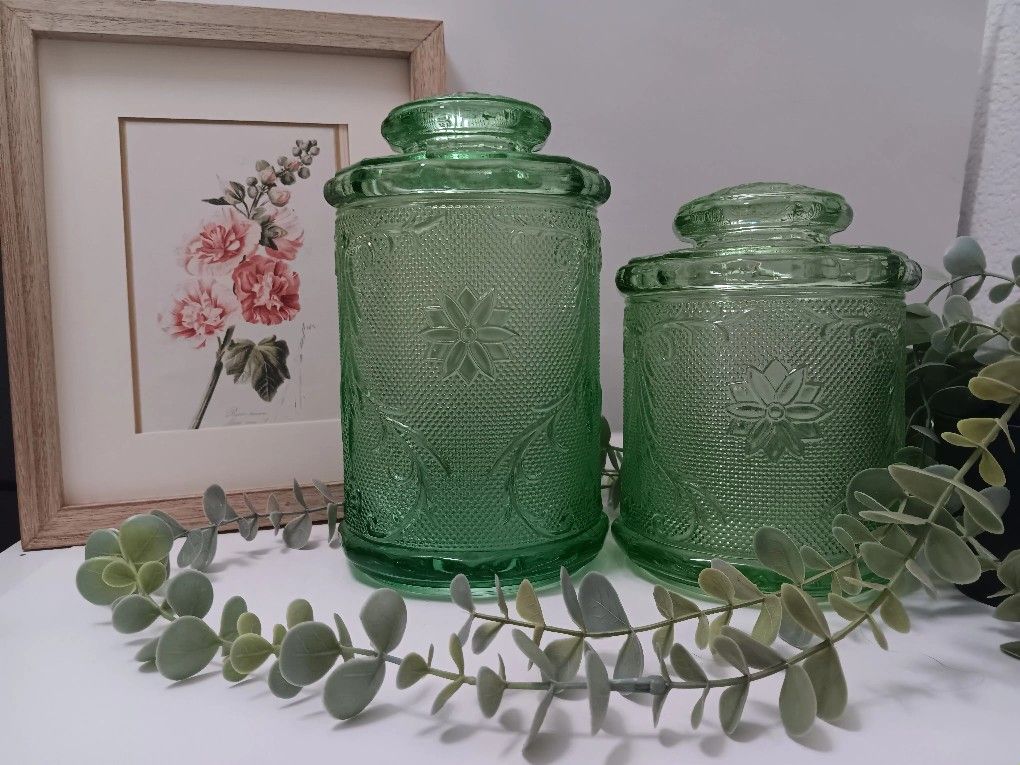 Vintage Indiana Glass Tiara Chantilly Green Jars For SALE