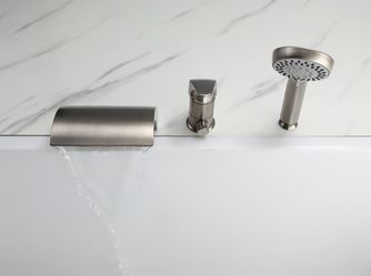  Victoria Deck Mount Waterfall Tub Faucet With Handheld Shower In Brushed Nickel