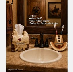 Vintage Cowboy Hat Brush Holder & Saddle Tissue Box Holder Western Bathroom Set