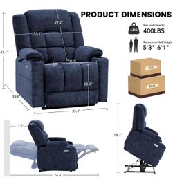 Dual Motor Power Lift Recliner Chair Navy Blue 400lbs Heavy Duty, 175° Reclining, 3.1" Extended Footrest, Home Function, Cup Holders