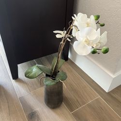 Faux White Orchid With Bronze Vase Plant Floral 