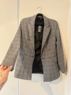 Grey Plaid Double-Breasted Blazer