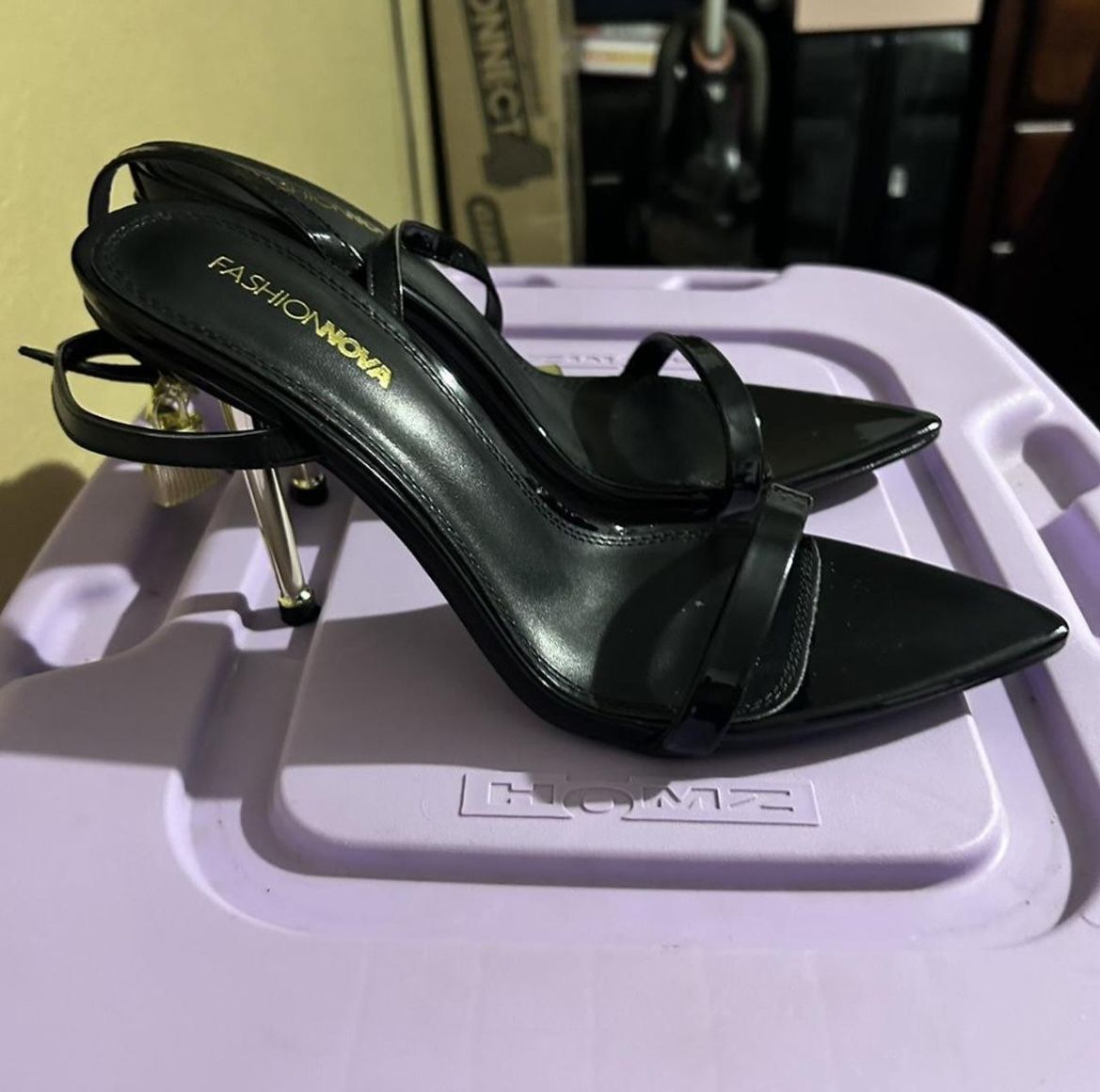 Fashion Nova Black high heels with Gold Locket ankle strap #highheels