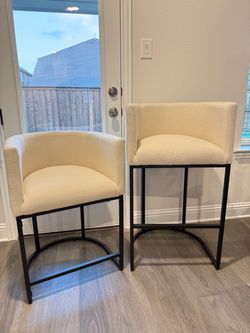 Set of 2 Modern Bar Stools (24” & 30” Heights) – Beige / Black Metal Frame
