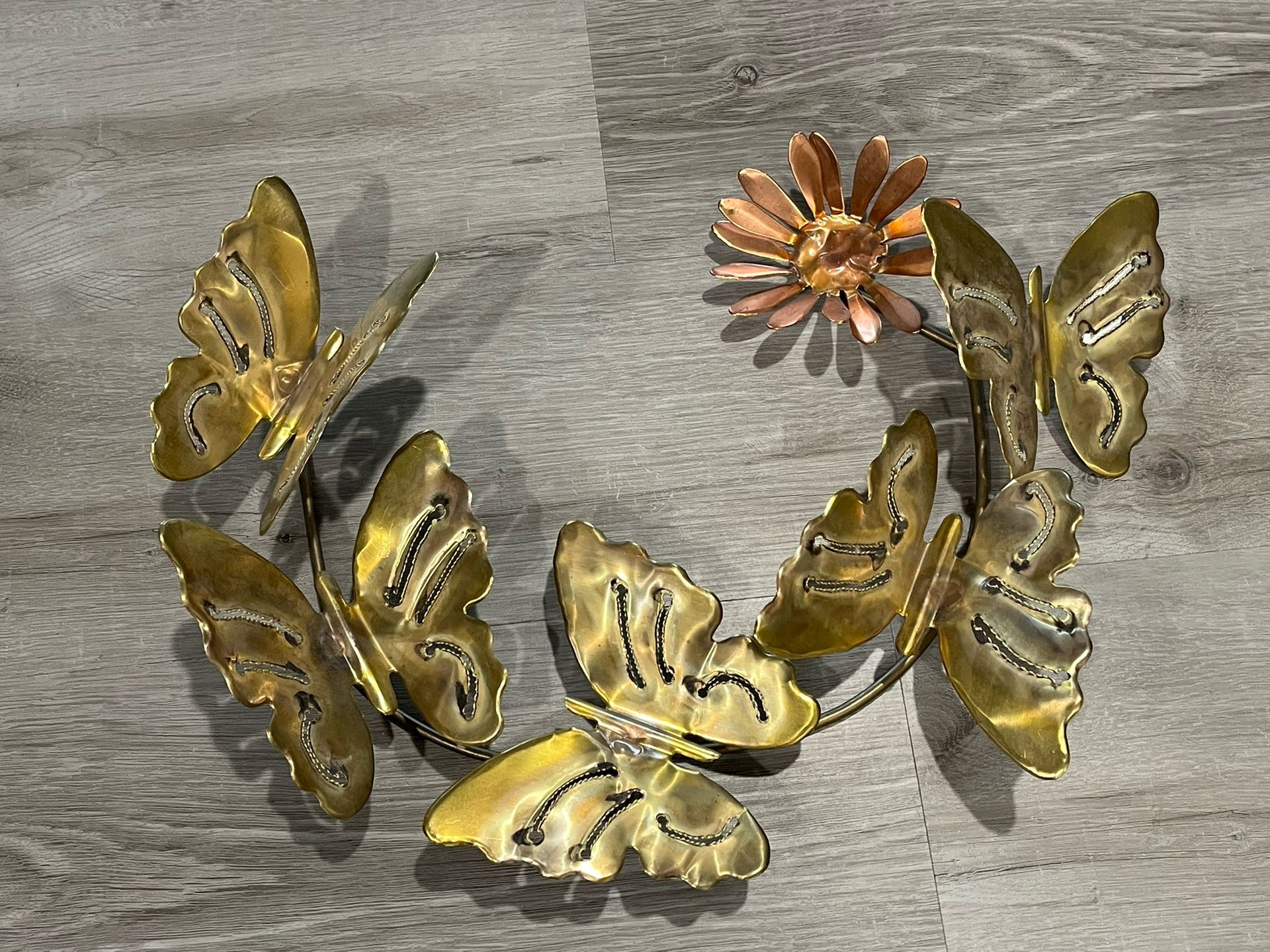 Vintage Brass And Copper Butterfly And Flower Wall Hanging 