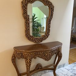 Hand-Carved Iranian Baroque-Style Gold Gilded Console Table & Wall Mirror Set — Ornate Entryway Statement Piece VERY HEAVY