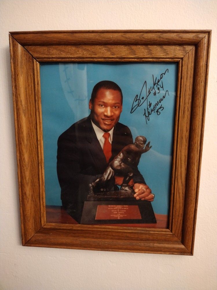 Autographed Photo Of Bo Jackson & Heisman Trophy