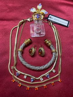 Beautiful 4-Piece Fashion Jewelry Lot – BCBG Crystal Necklace, Lily Ring, Cuff Bracelet & Vintage Earrings