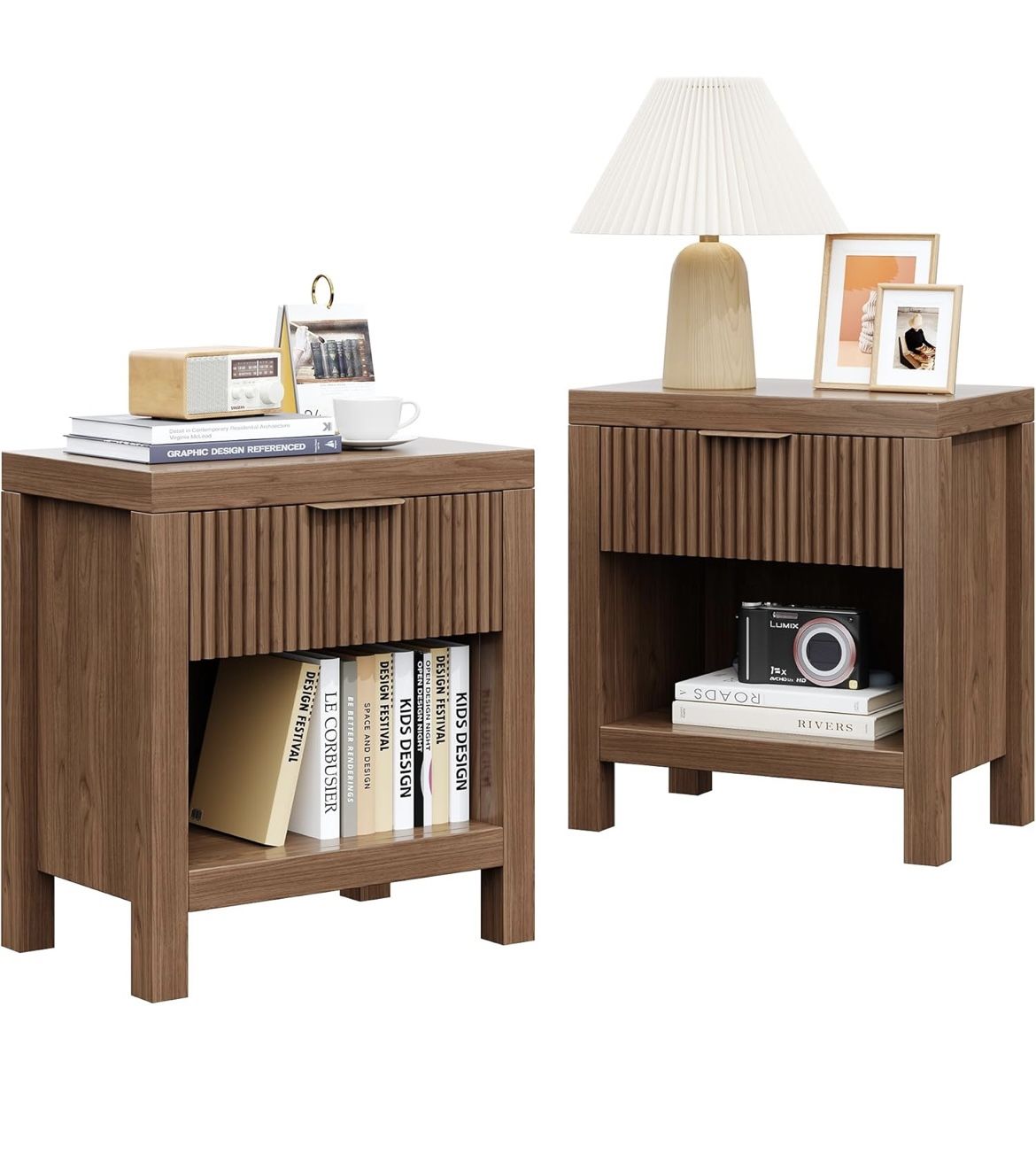 End Table Set of 2 with Storage, Small End Table, Wood Bedside Table with Drawer and Opening Storage, Nightstand Accent Table for Living Room, Bedroom