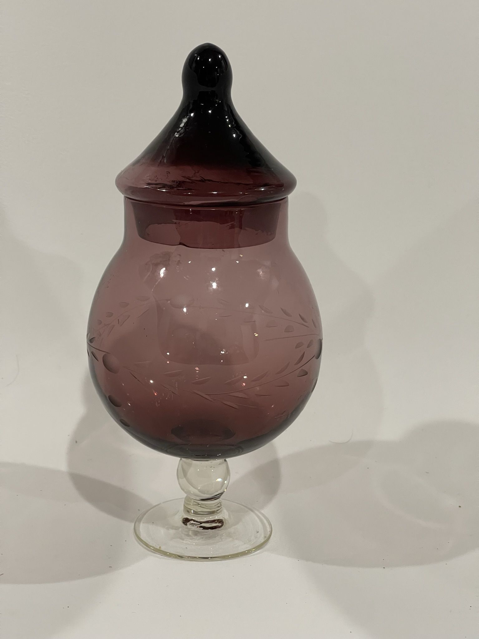 Vintage Etched Glass Amethyst Empoli? Footed Apothecary Jar
