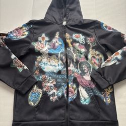 Men’s XL Oversized Religious Graphic Full Zip Black Hoodie God Fearing Sweater Catholic Christian Praying Higher Power Fleeced Mesh Hoodie Sweater